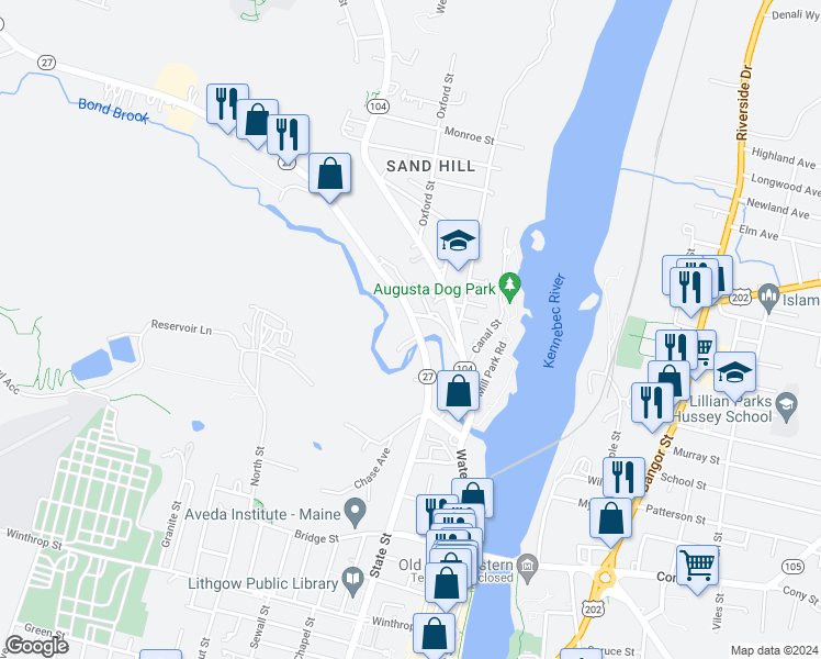 map of restaurants, bars, coffee shops, grocery stores, and more near 38 Mount Vernon Avenue in Augusta