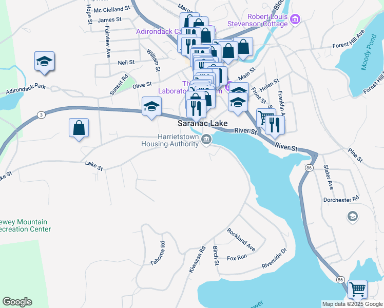 map of restaurants, bars, coffee shops, grocery stores, and more near 15 Circle Street in Saranac Lake