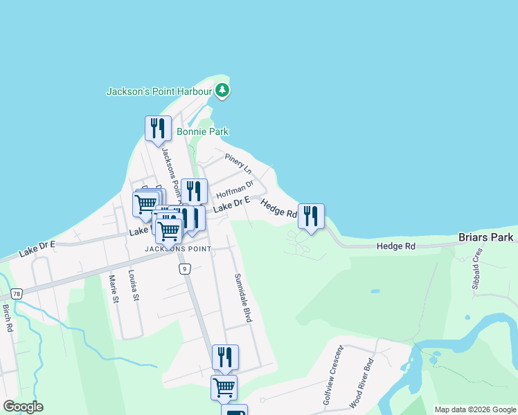 map of restaurants, bars, coffee shops, grocery stores, and more near 3 Hedge Road in Georgina