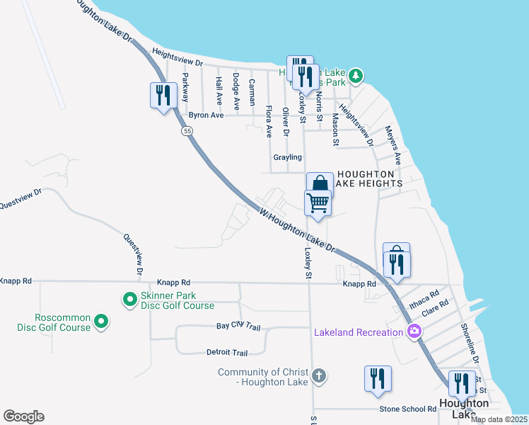 map of restaurants, bars, coffee shops, grocery stores, and more near 8171 West Houghton Lake Drive in Houghton Lake