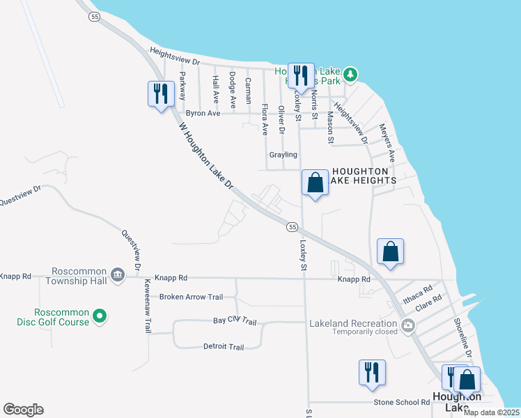 map of restaurants, bars, coffee shops, grocery stores, and more near 8171 West Houghton Lake Drive in Houghton Lake