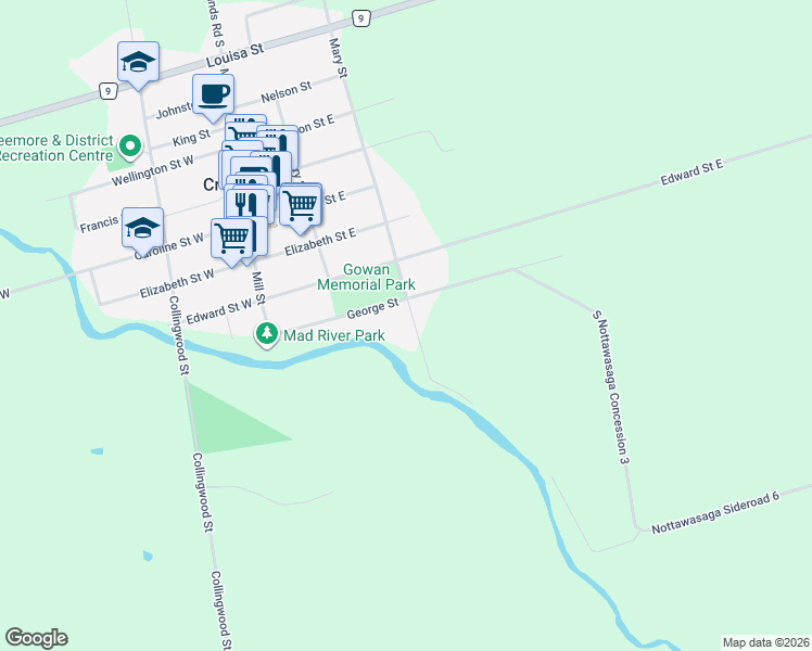 map of restaurants, bars, coffee shops, grocery stores, and more near 92 Mary Street in Creemore