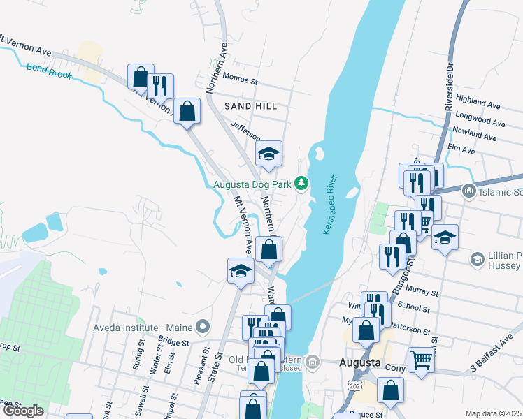 map of restaurants, bars, coffee shops, grocery stores, and more near 24 Mill Street in Augusta