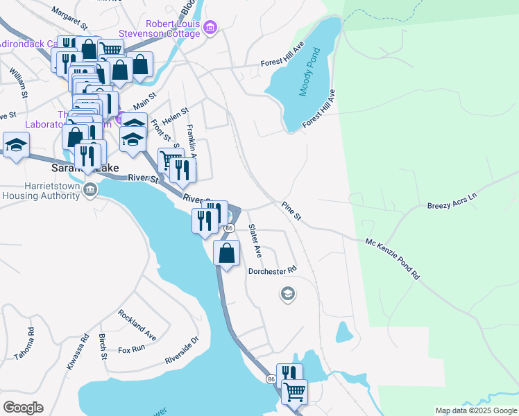 map of restaurants, bars, coffee shops, grocery stores, and more near 30 River Street in Saranac Lake