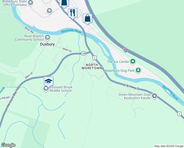 map of restaurants, bars, coffee shops, grocery stores, and more near 186 Cobb Hill Road in Moretown