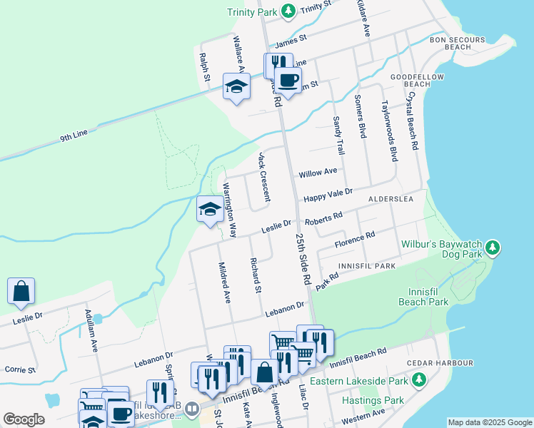 map of restaurants, bars, coffee shops, grocery stores, and more near 2271 Jack Crescent in Innisfil