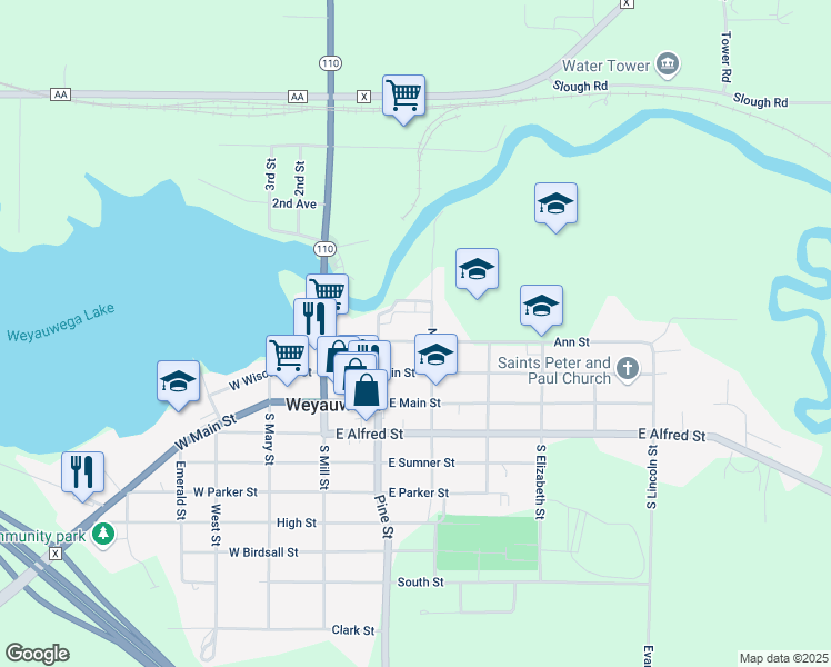 map of restaurants, bars, coffee shops, grocery stores, and more near 212 Ann Street in Weyauwega