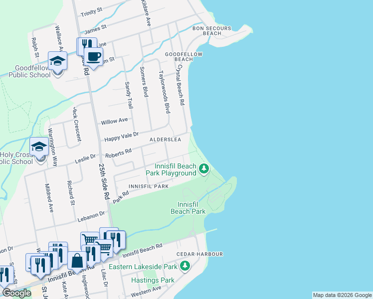 map of restaurants, bars, coffee shops, grocery stores, and more near in Innisfil