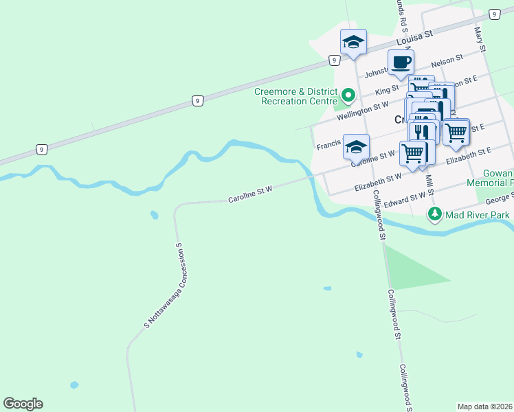 map of restaurants, bars, coffee shops, grocery stores, and more near 83 Caroline Street West in Creemore