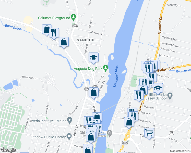map of restaurants, bars, coffee shops, grocery stores, and more near 9 Washington Street in Augusta
