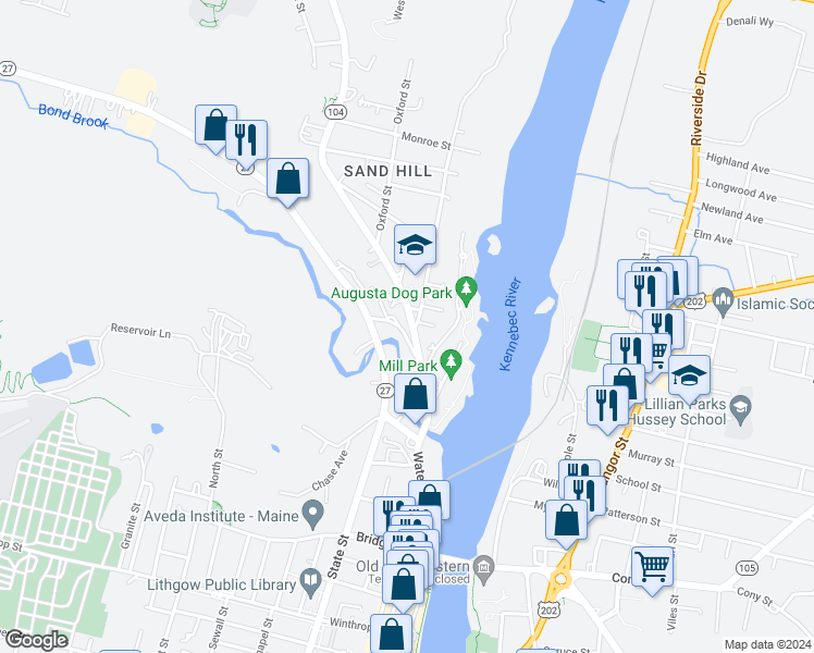 map of restaurants, bars, coffee shops, grocery stores, and more near 47 Mill Street in Augusta