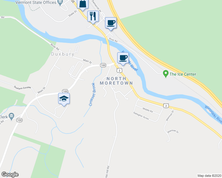 map of restaurants, bars, coffee shops, grocery stores, and more near 186 Cobb Hill Road in Moretown