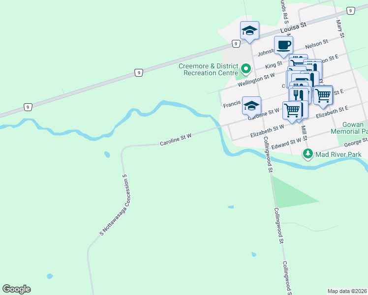 map of restaurants, bars, coffee shops, grocery stores, and more near 79 Caroline Street West in Creemore