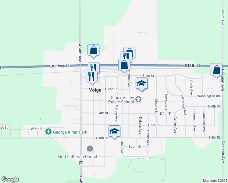 map of restaurants, bars, coffee shops, grocery stores, and more near 203 Marvin Avenue in Volga