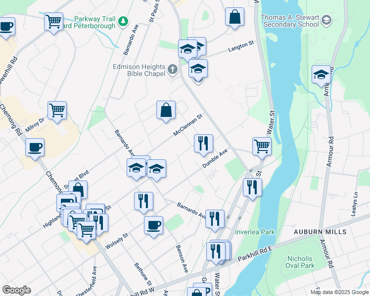 map of restaurants, bars, coffee shops, grocery stores, and more near 170 Elizabeth Avenue in Peterborough