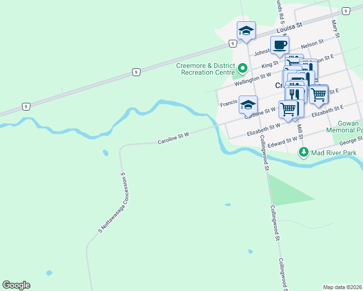 map of restaurants, bars, coffee shops, grocery stores, and more near 83 Caroline Street West in Creemore