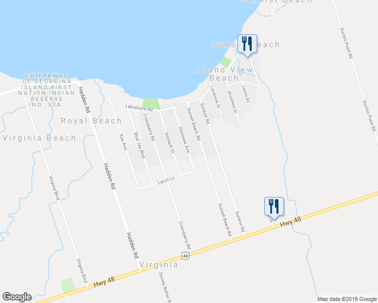 map of restaurants, bars, coffee shops, grocery stores, and more near 21 Glenview Avenue in Georgina