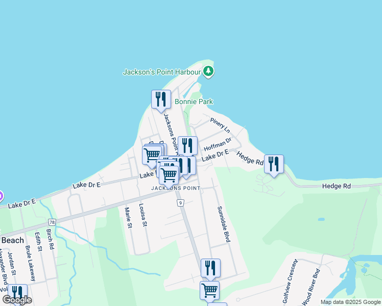 map of restaurants, bars, coffee shops, grocery stores, and more near 10 Lorne Street in Georgina