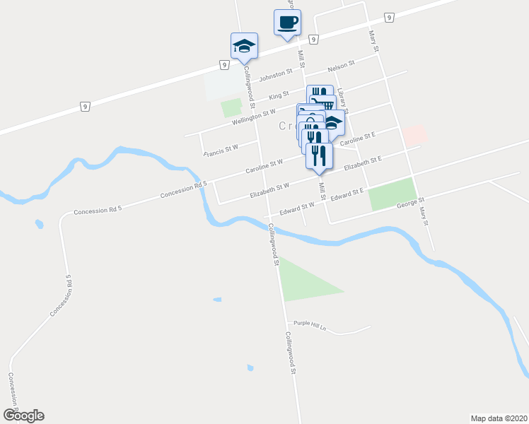 map of restaurants, bars, coffee shops, grocery stores, and more near 30 Edward Street West in Creemore
