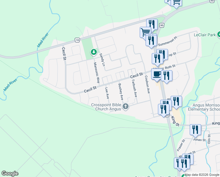 map of restaurants, bars, coffee shops, grocery stores, and more near 25 Lee Avenue in Essa