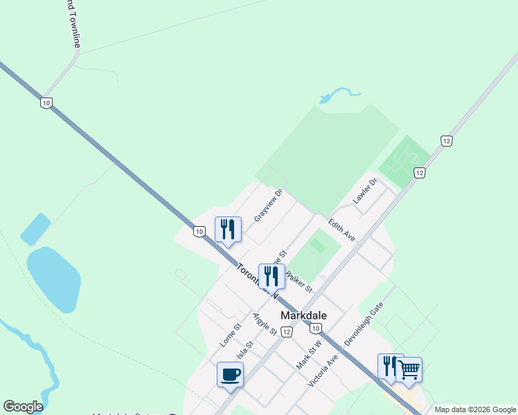 map of restaurants, bars, coffee shops, grocery stores, and more near 95 Margaret Elizabeth Avenue in Markdale