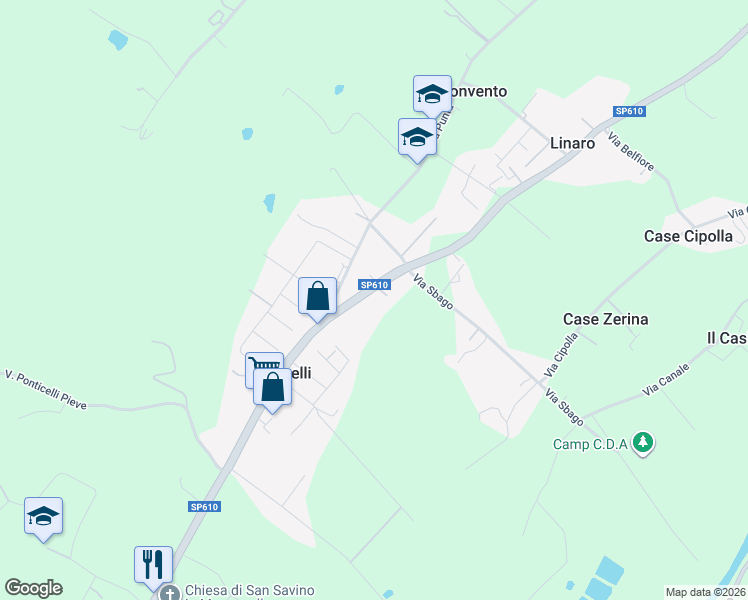 map of restaurants, bars, coffee shops, grocery stores, and more near 148 Via Montanara in Imola