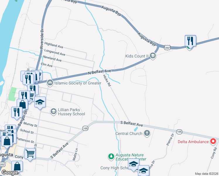 map of restaurants, bars, coffee shops, grocery stores, and more near 26 Hicks Road in Augusta