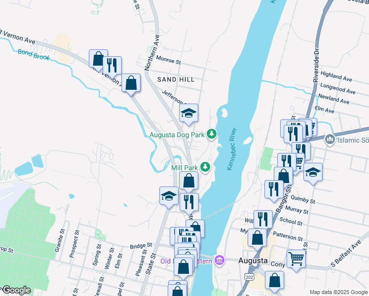 map of restaurants, bars, coffee shops, grocery stores, and more near 2 Northern Avenue in Augusta