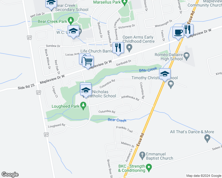 map of restaurants, bars, coffee shops, grocery stores, and more near 51 Waddington Crescent in Barrie