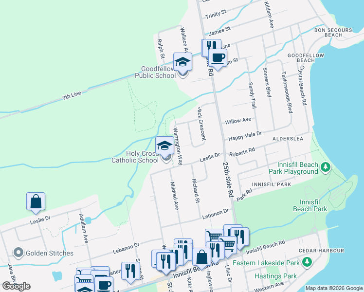 map of restaurants, bars, coffee shops, grocery stores, and more near 2293 Warrington Way in Innisfil