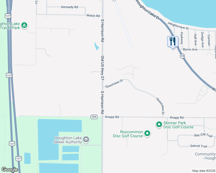 map of restaurants, bars, coffee shops, grocery stores, and more near 128 Questview Drive in Houghton Lake