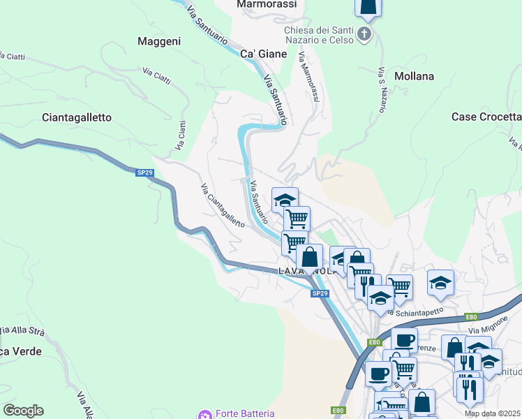 map of restaurants, bars, coffee shops, grocery stores, and more near 22 Via Santuario in Savona