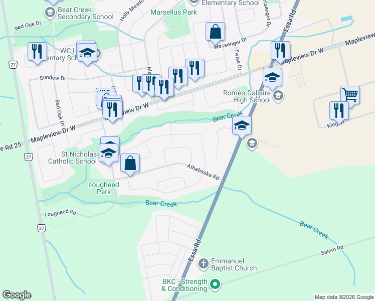 map of restaurants, bars, coffee shops, grocery stores, and more near 71 Rundle Crescent in Barrie