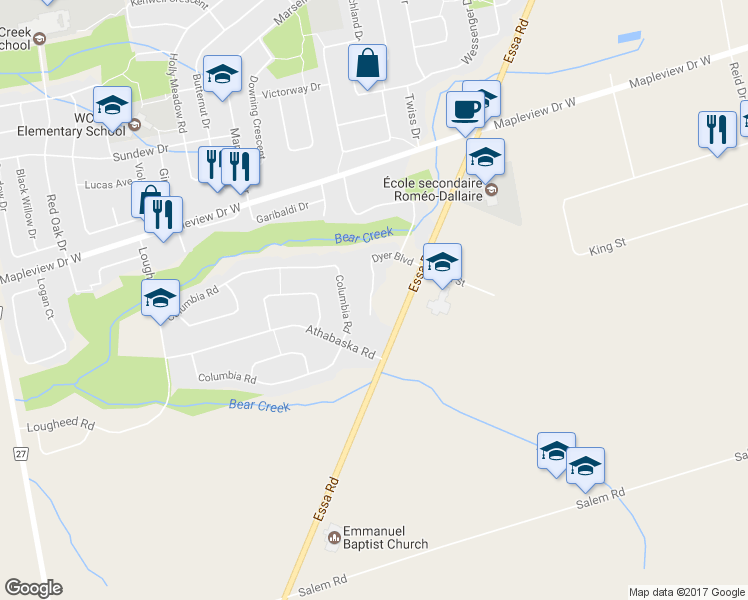 map of restaurants, bars, coffee shops, grocery stores, and more near 47 Dyer Boulevard in Barrie