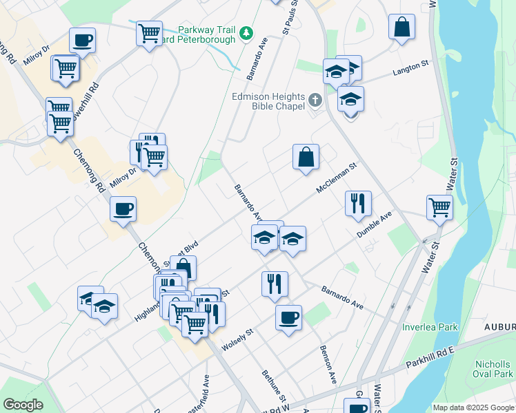 map of restaurants, bars, coffee shops, grocery stores, and more near in Peterborough