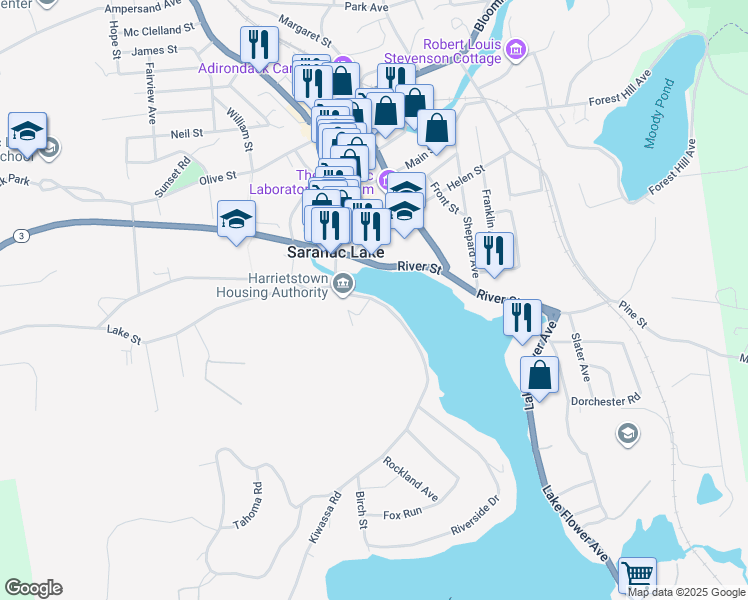 map of restaurants, bars, coffee shops, grocery stores, and more near 40 Kiwassa Road in Saranac Lake