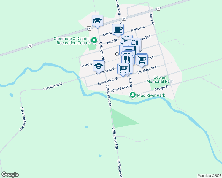 map of restaurants, bars, coffee shops, grocery stores, and more near 30 Edward Street West in Creemore