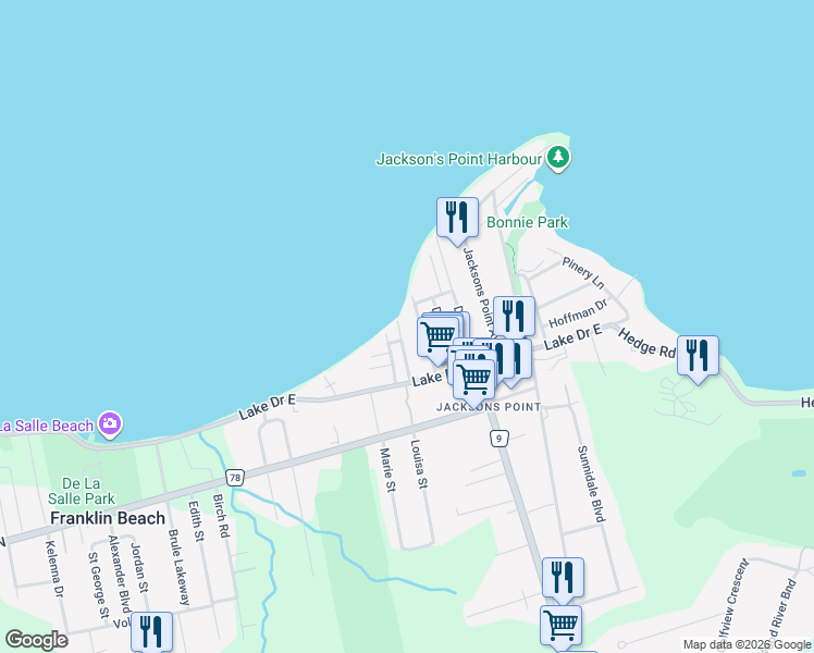 map of restaurants, bars, coffee shops, grocery stores, and more near 12 Frankfort Grove in Georgina