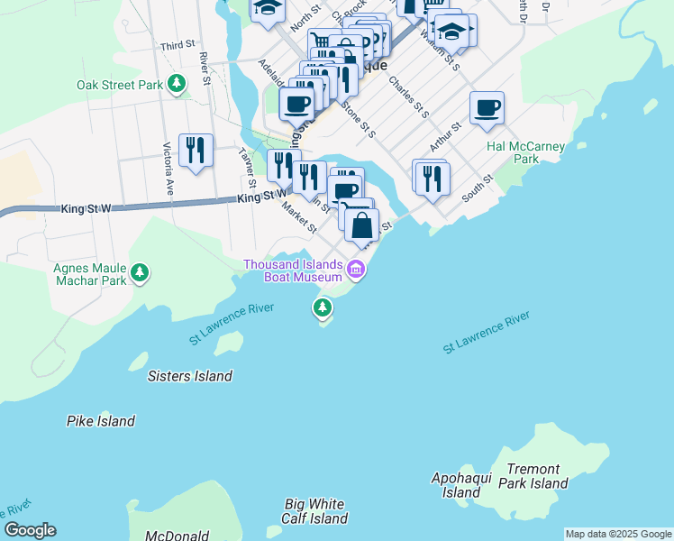 map of restaurants, bars, coffee shops, grocery stores, and more near 130 Water Street in Gananoque