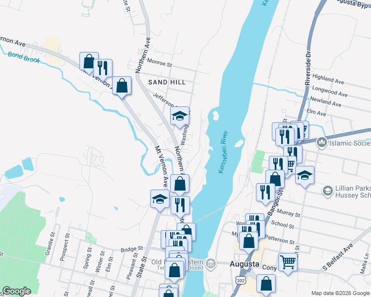 map of restaurants, bars, coffee shops, grocery stores, and more near 3 Washington Street Place in Augusta
