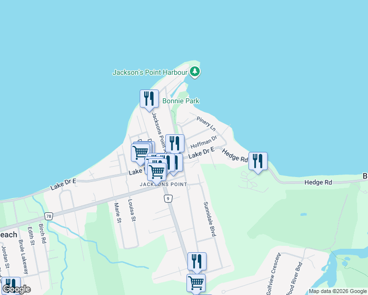 map of restaurants, bars, coffee shops, grocery stores, and more near 1 Thompson Drive in Georgina