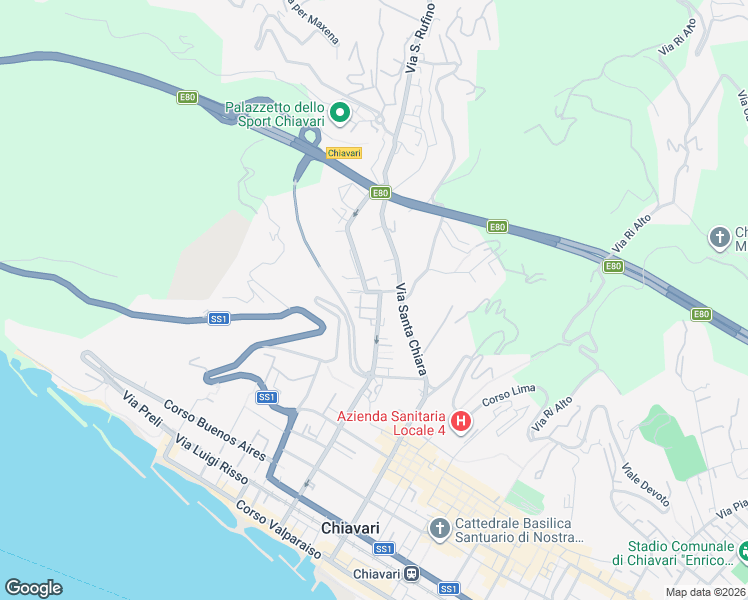 map of restaurants, bars, coffee shops, grocery stores, and more near 59 Via Colonnello Enrico Franceschi in Chiavari