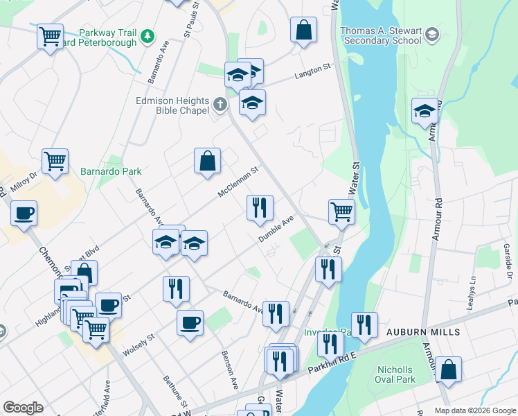 map of restaurants, bars, coffee shops, grocery stores, and more near in Peterborough