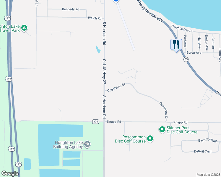 map of restaurants, bars, coffee shops, grocery stores, and more near 101-135 Questview Dr in Roscommon Township
