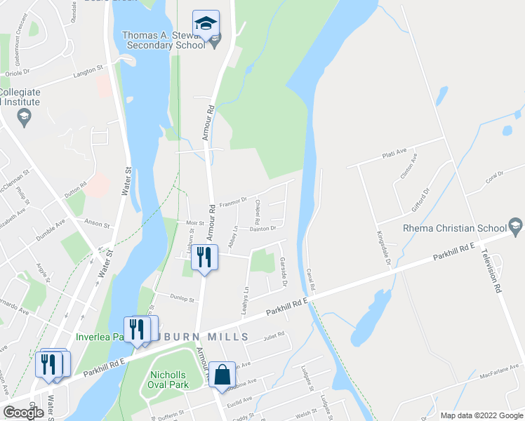 map of restaurants, bars, coffee shops, grocery stores, and more near 890 Chapel Road in Peterborough