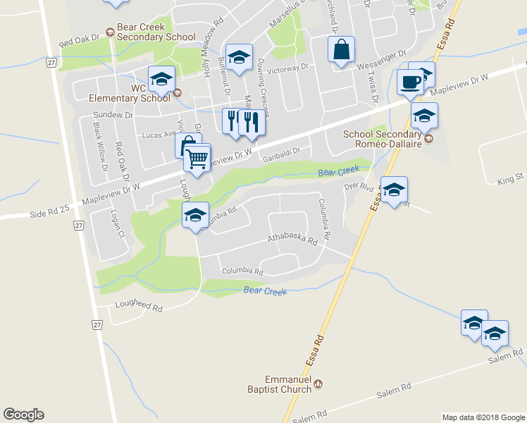 map of restaurants, bars, coffee shops, grocery stores, and more near 24 Rundle Crescent in Barrie