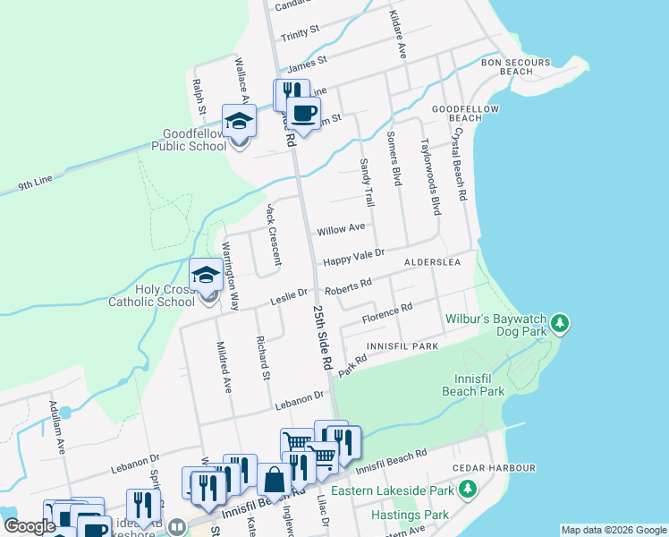 map of restaurants, bars, coffee shops, grocery stores, and more near 787 Happy Vale Drive in Innisfil