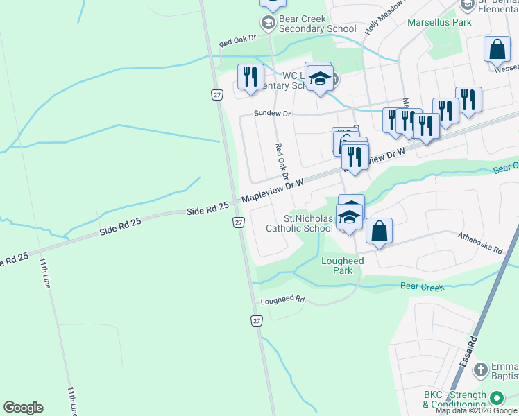 map of restaurants, bars, coffee shops, grocery stores, and more near Logan Court in Barrie