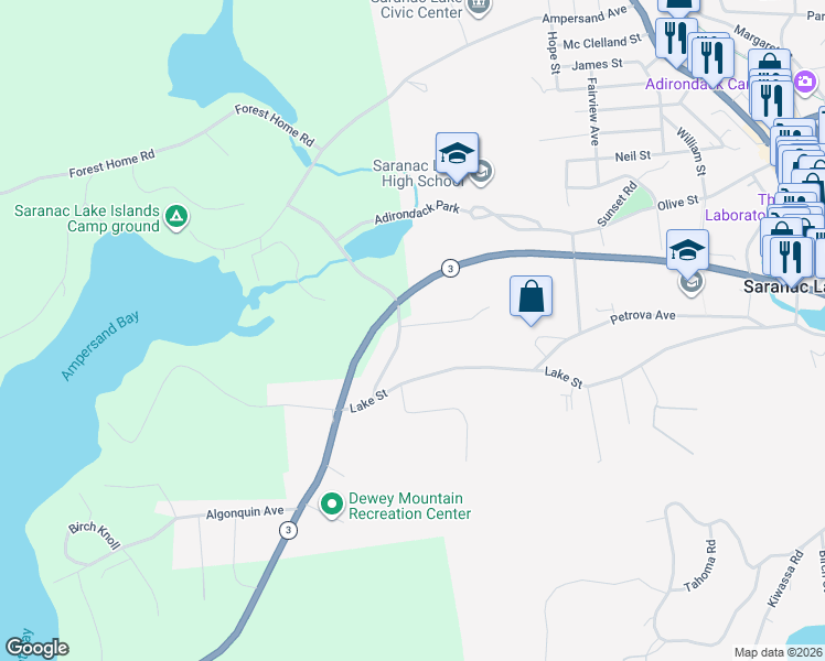 map of restaurants, bars, coffee shops, grocery stores, and more near 66 Edgewood Road in Saranac Lake