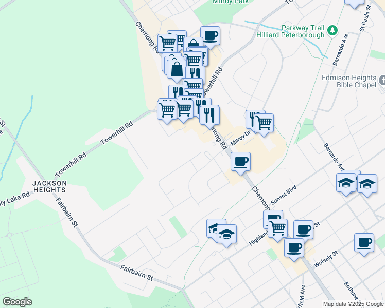 map of restaurants, bars, coffee shops, grocery stores, and more near 346 Daniel Street in Peterborough